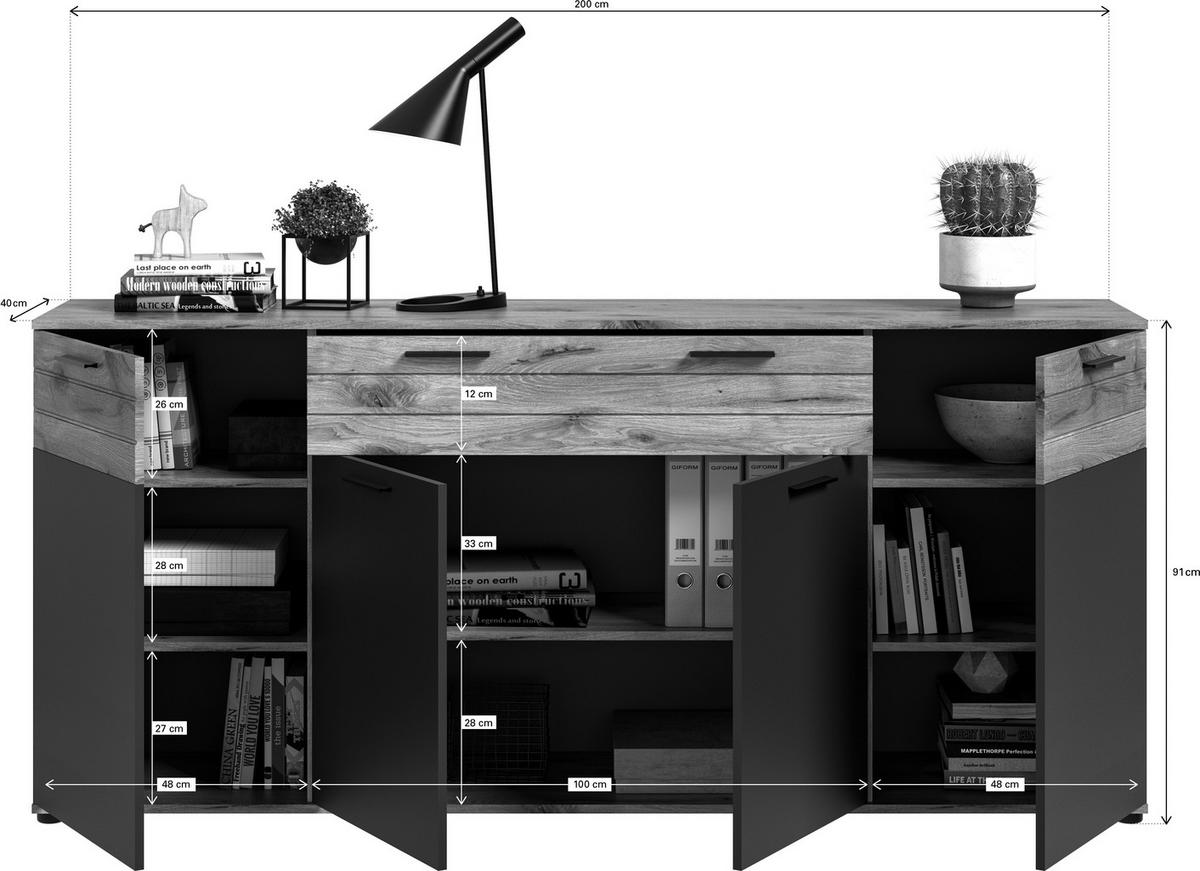 Sideboard Mason Grau B: 200 cm - Schwarz/Grau, KONVENTIONELL, Holzwerkstoff (200/91/40cm) - MID.YOU