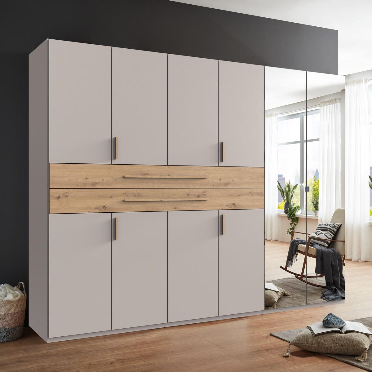 Šatníková skriňa LUMIO, šírka 270 cm - kašmírová/dub artisan, Konventionell, kompozitné drevo/sklo (270/208/65cm) - Modern Living