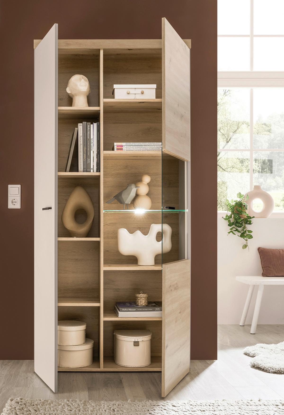 Vitrine Strada Giga *ph* Eiche Artisan/Kashmir, B: 91cm - Kaschmir/Schwarz, Trend, Glas/Holzwerkstoff (91/193/32cm)