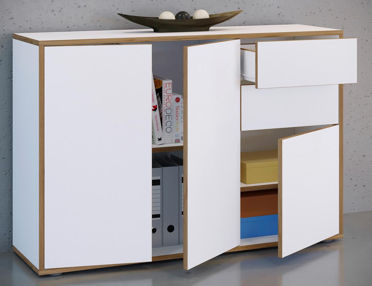 Kommode Salia Weiß, Honigeiche Dekor B:110cm - Honigeiche/Schwarz, Design, Holzwerkstoff (110/74/33cm) - MID.YOU