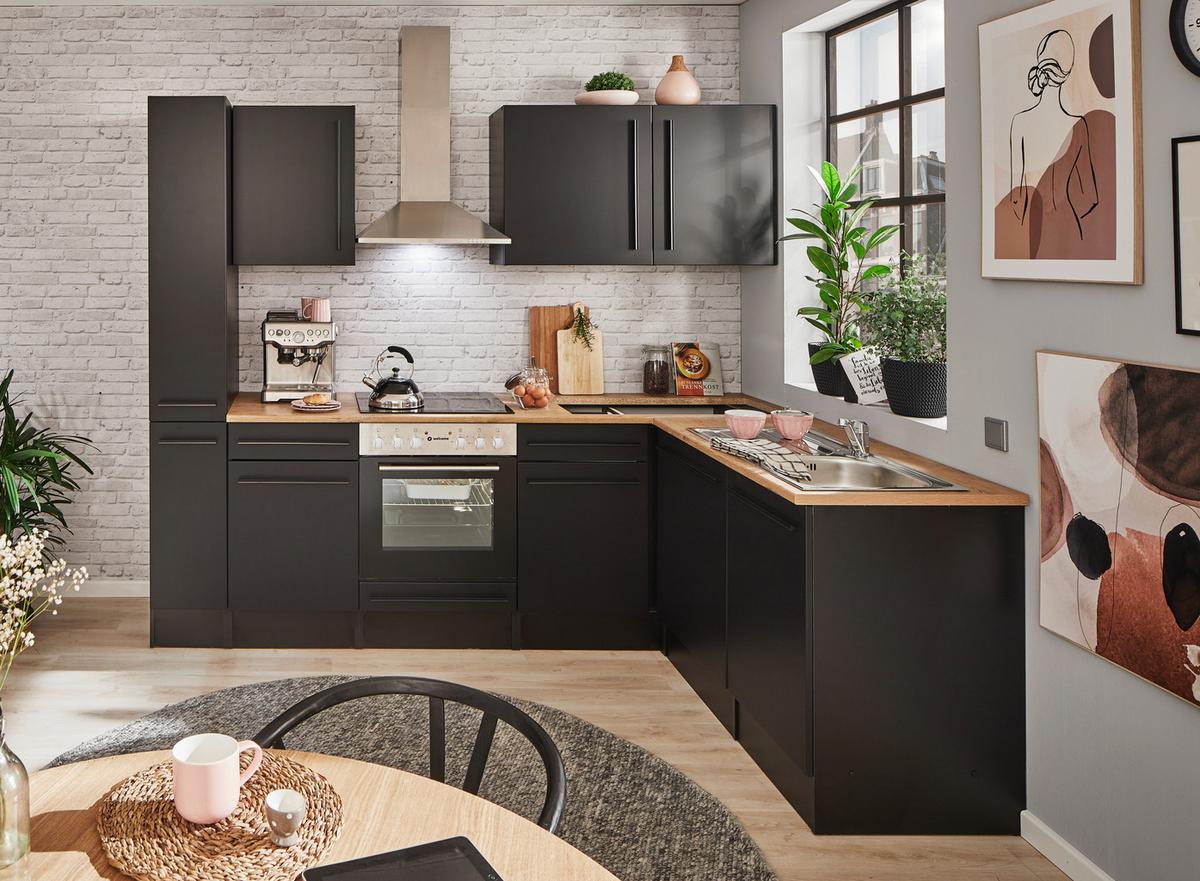 Eckküche Jazz 8 250 Schwarz S: 250x175 Cm - Eichefarben/Schwarz, LIFESTYLE, Holzwerkstoff (250/175cm) - MID.YOU