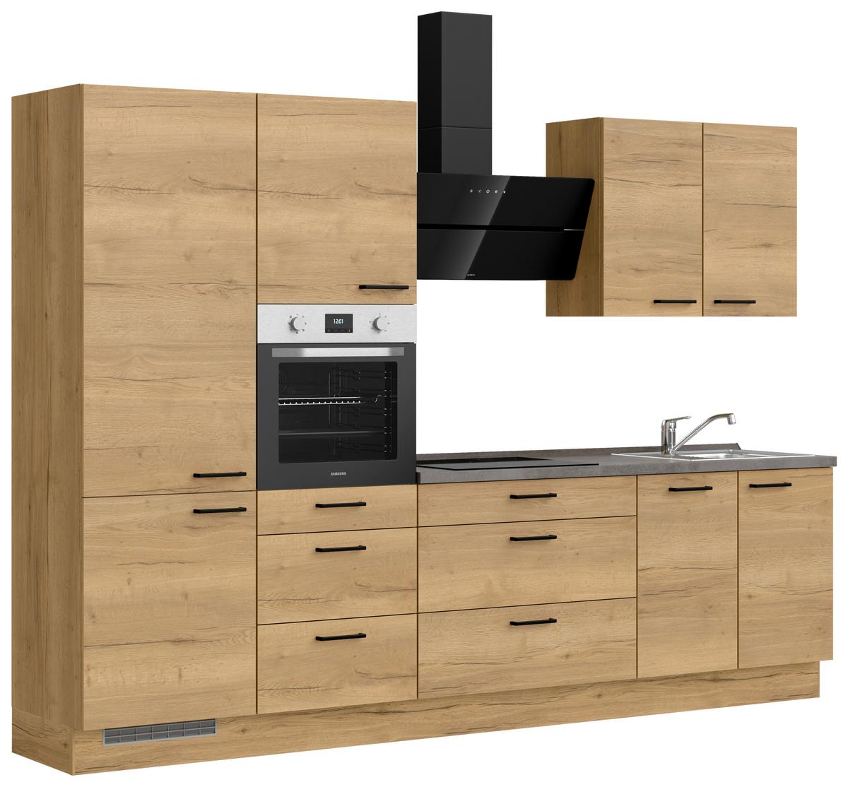 Kuchynská linka 300 cm, dub Sierra - čierna/farba duba, Modern, kov/kompozitné drevo (300cm) - Nobilia