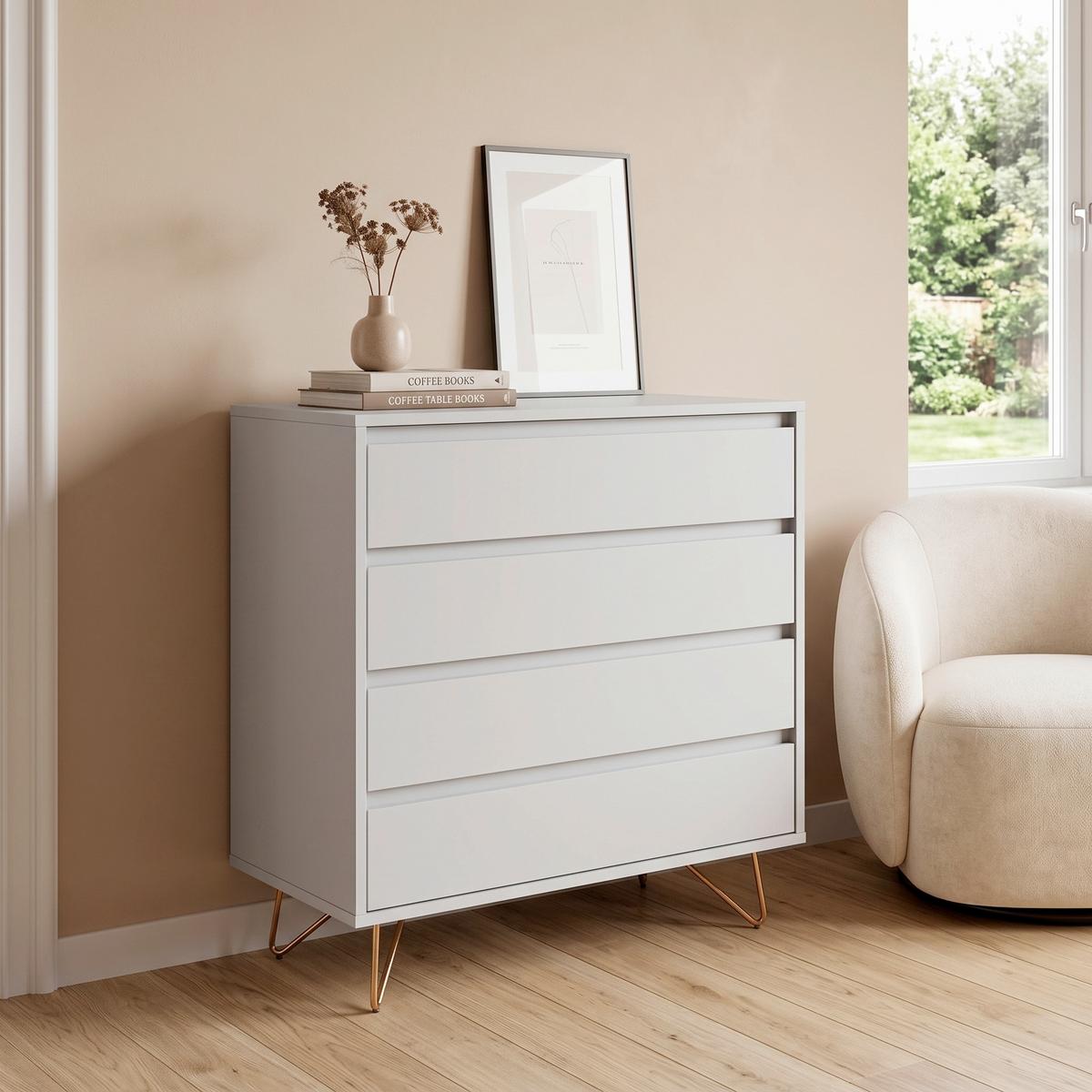 KOMMODE Weiß B: 90cm - Messingfarben/Weiß, Design, Holzwerkstoff (90/90/40cm) - Livetastic