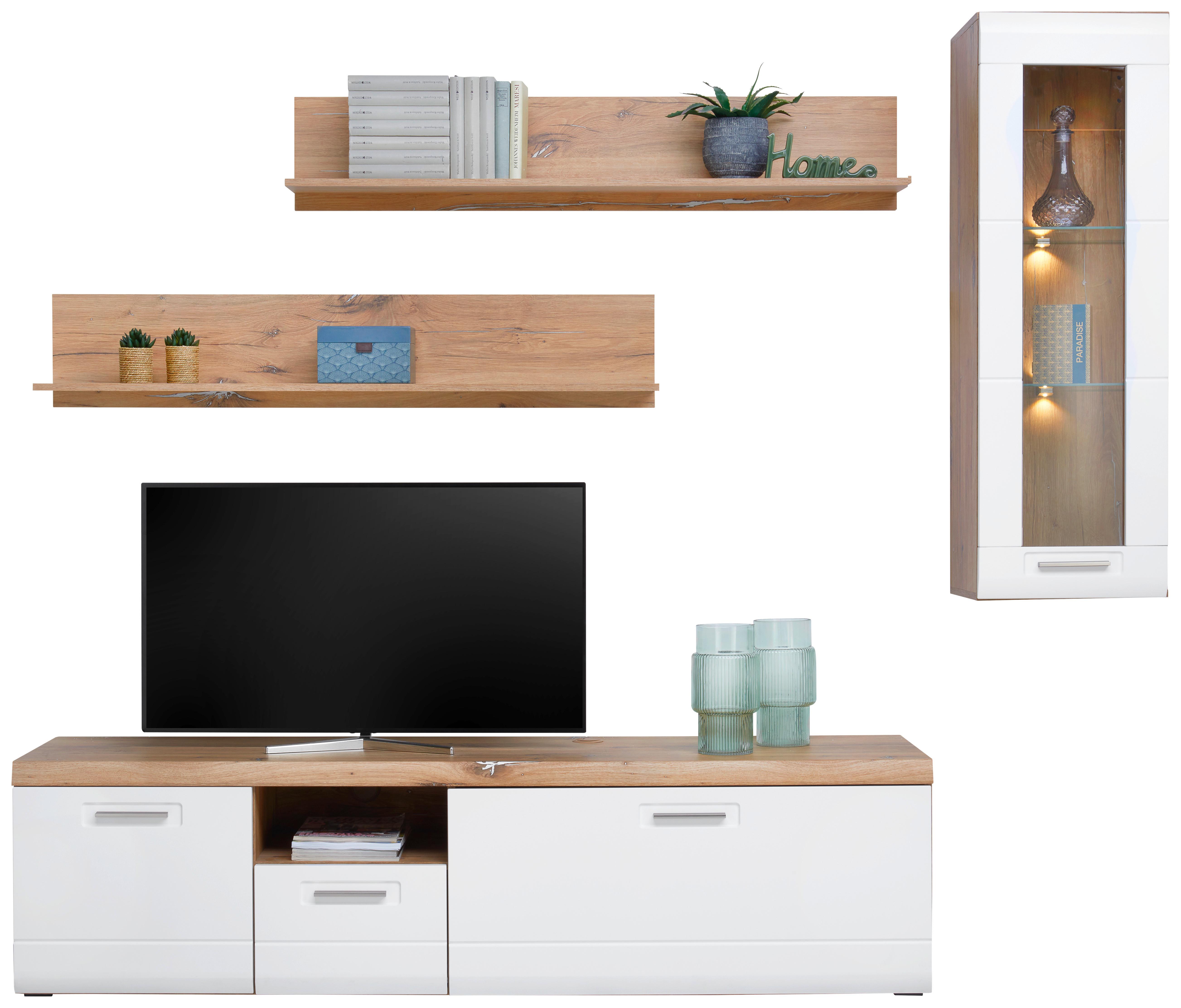 Wohnkombination 4-Tlg. Auris, Weiß/Eiche Dekor - Weiß, MODERN, Glas/Holzwerkstoff (230,3/204,2/49,6cm) - Luca Bessoni