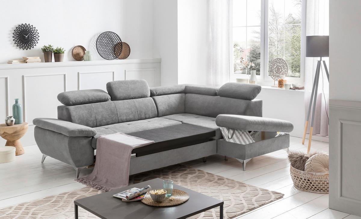 Ecksofa mit Schlaffunktion und Bettkasten Gisele Grau - Chromfarben/Hellgrau, KONVENTIONELL, Textil (256/209cm) - Livetastic