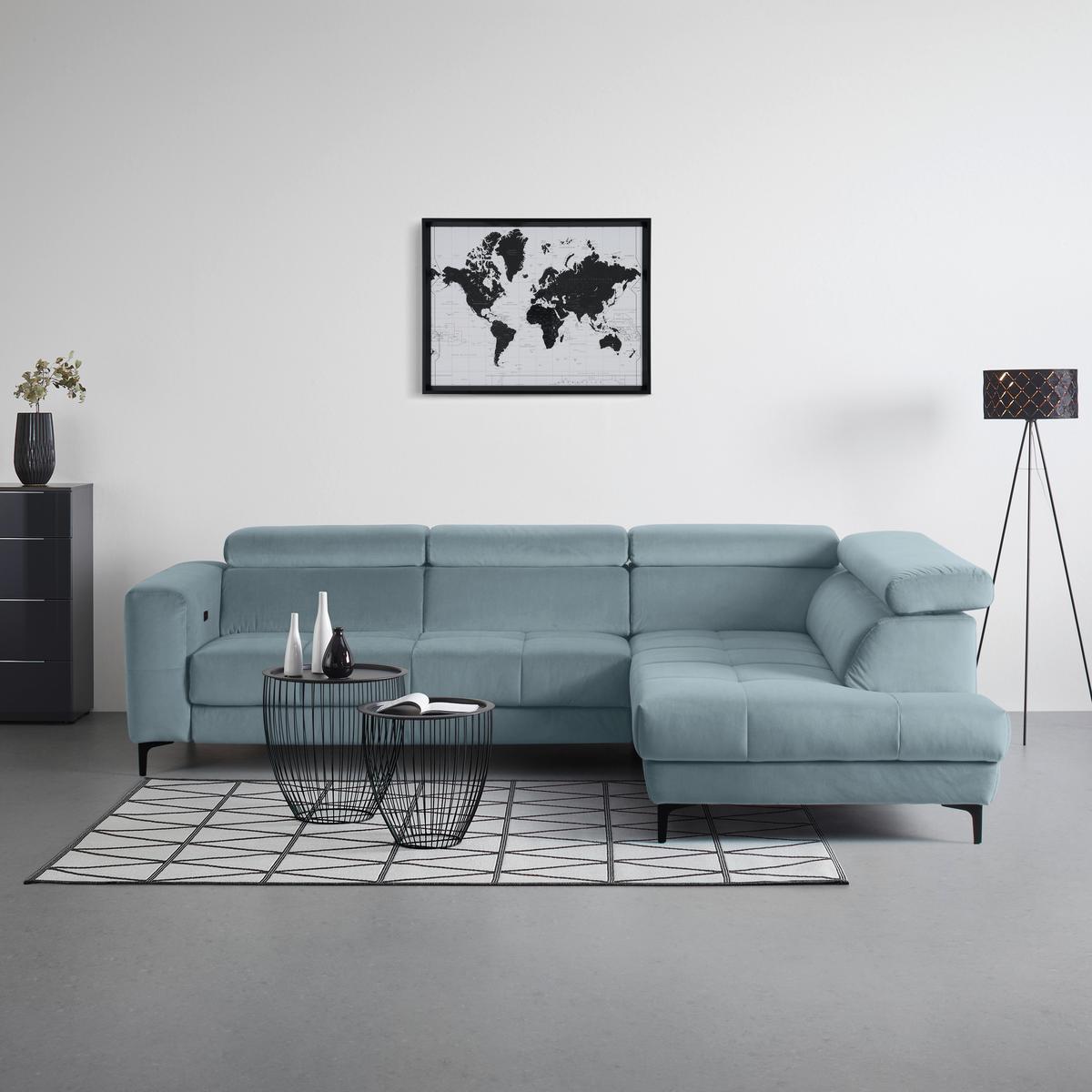 Rohová sedačka EMMA, pravá, sv.modrá,op.hl.,USB,el.výsuv - svetlomodrá/čierna, Modern, textil (301/210cm) - Premium Living
