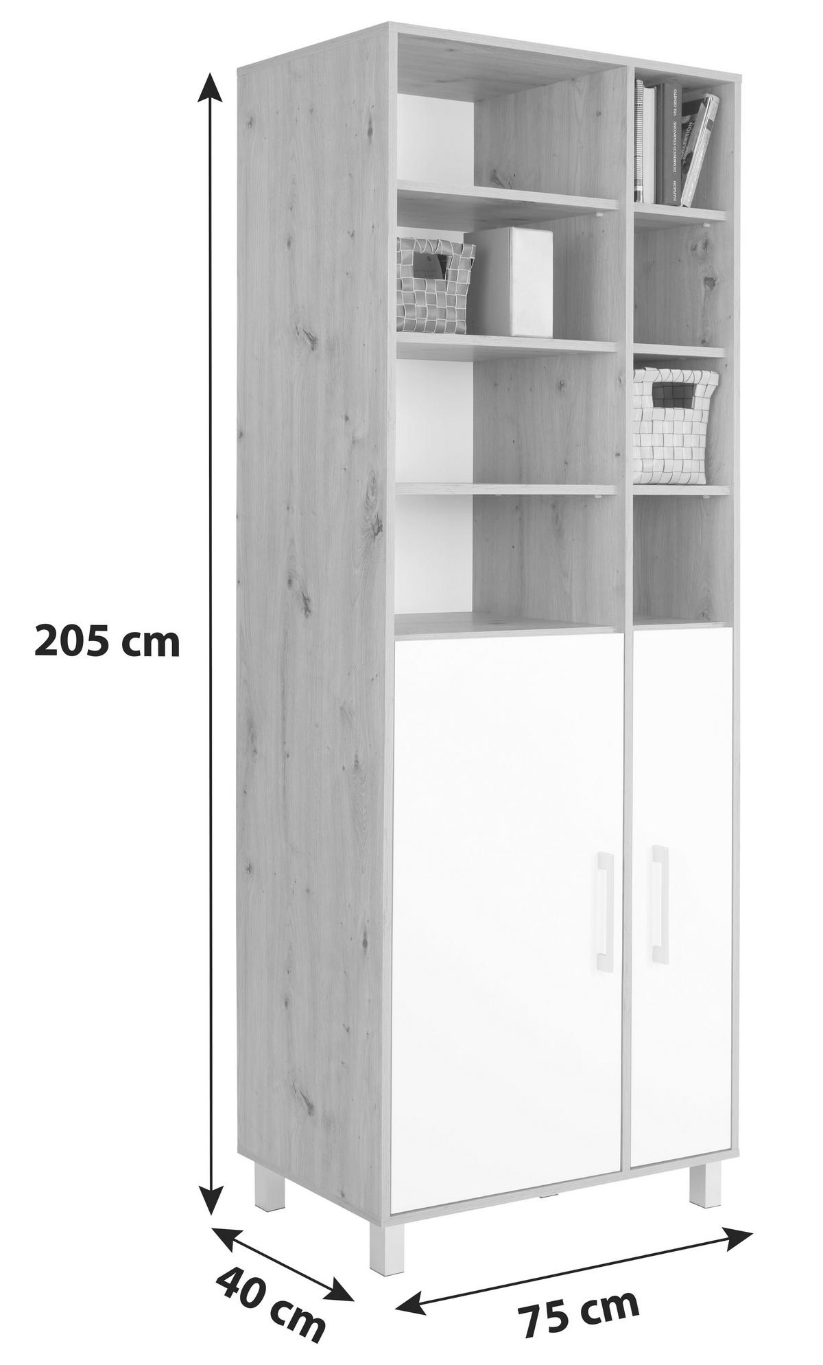 Regal Mit Schrank Box B 75cm, Eiche Dekor/weiß - Eichefarben/Alufarben, MODERN, Holzwerkstoff (75/205/40cm) - Ondega