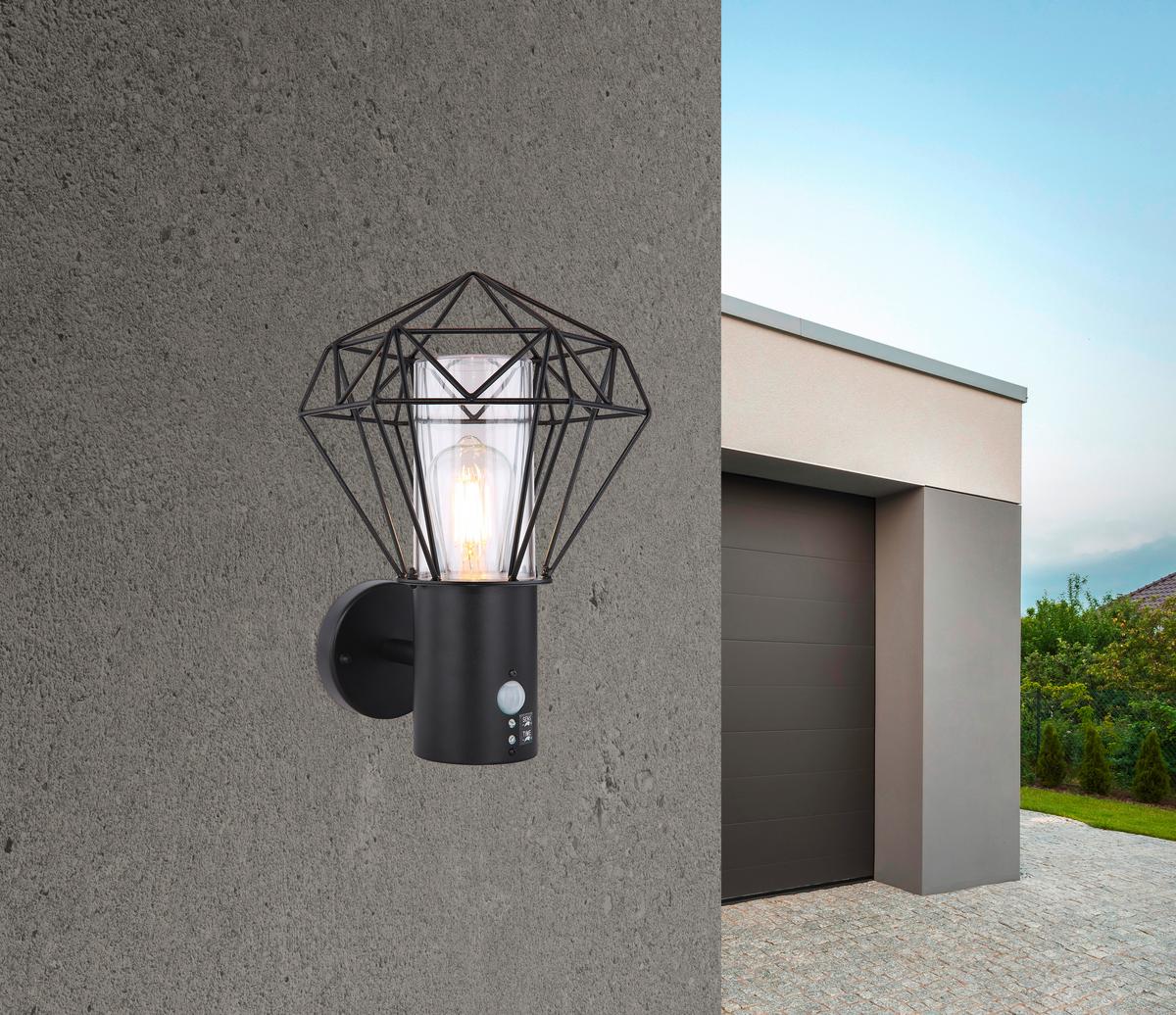 Außenleuchte + Bewegungsmelder Horace 15 Watt Edelstahl - Klar/Schwarz, Basics, Kunststoff/Metall (22,5/27,5/34cm) - Globo
