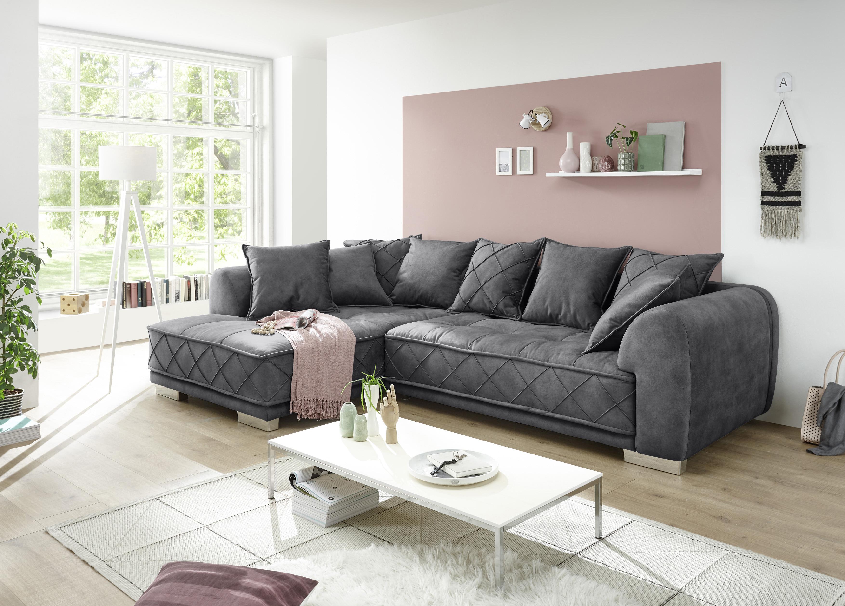 Ecksofa mit Flexibler Ottomane Sentina, Stoffbezug - Anthrazit/Silberfarben, Basics, Holzwerkstoff/Textil (319/194cm) - MID.YOU