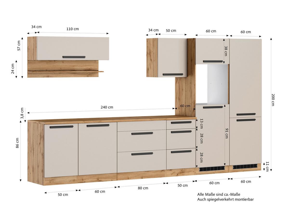 Küchenleerblock Aveiro Kaschmir/Eiche Wotan B: 360cm - Kaschmir/Eiche Wotan, Trend, Holzwerkstoff (360cm) - Held