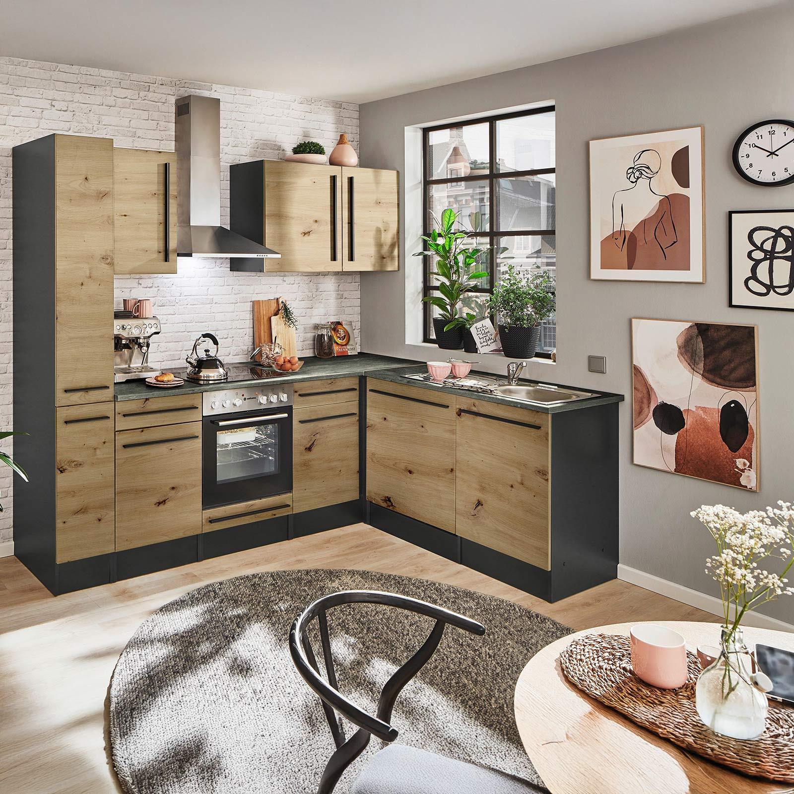 Eckküche Jazz mit Geräten 220x175 cm Anthrazit/Eiche