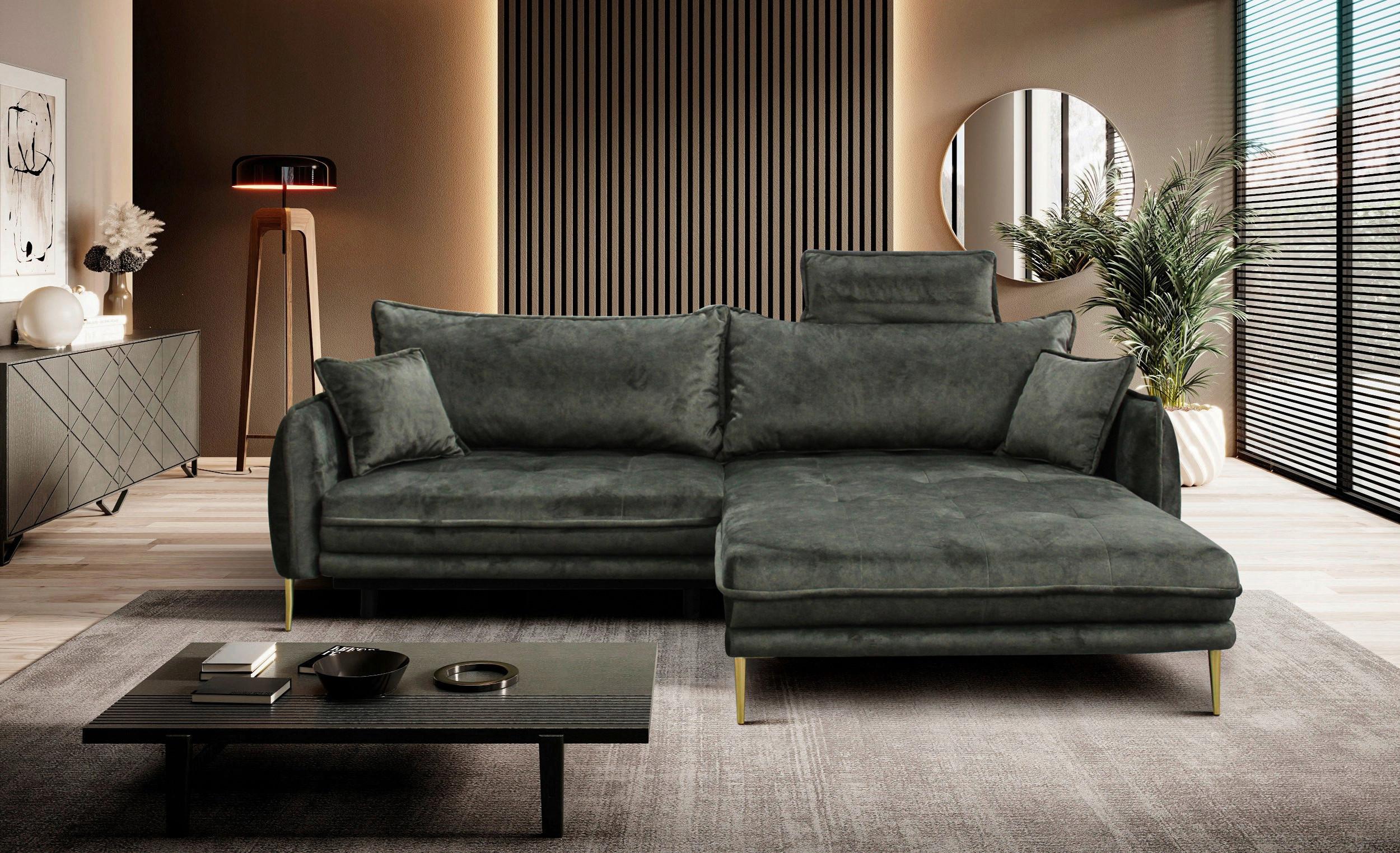 Ecksofa Whisper Grün S: 264x196 cm - Goldfarben/Grün, Design, Textil (264/196cm) - MID.YOU