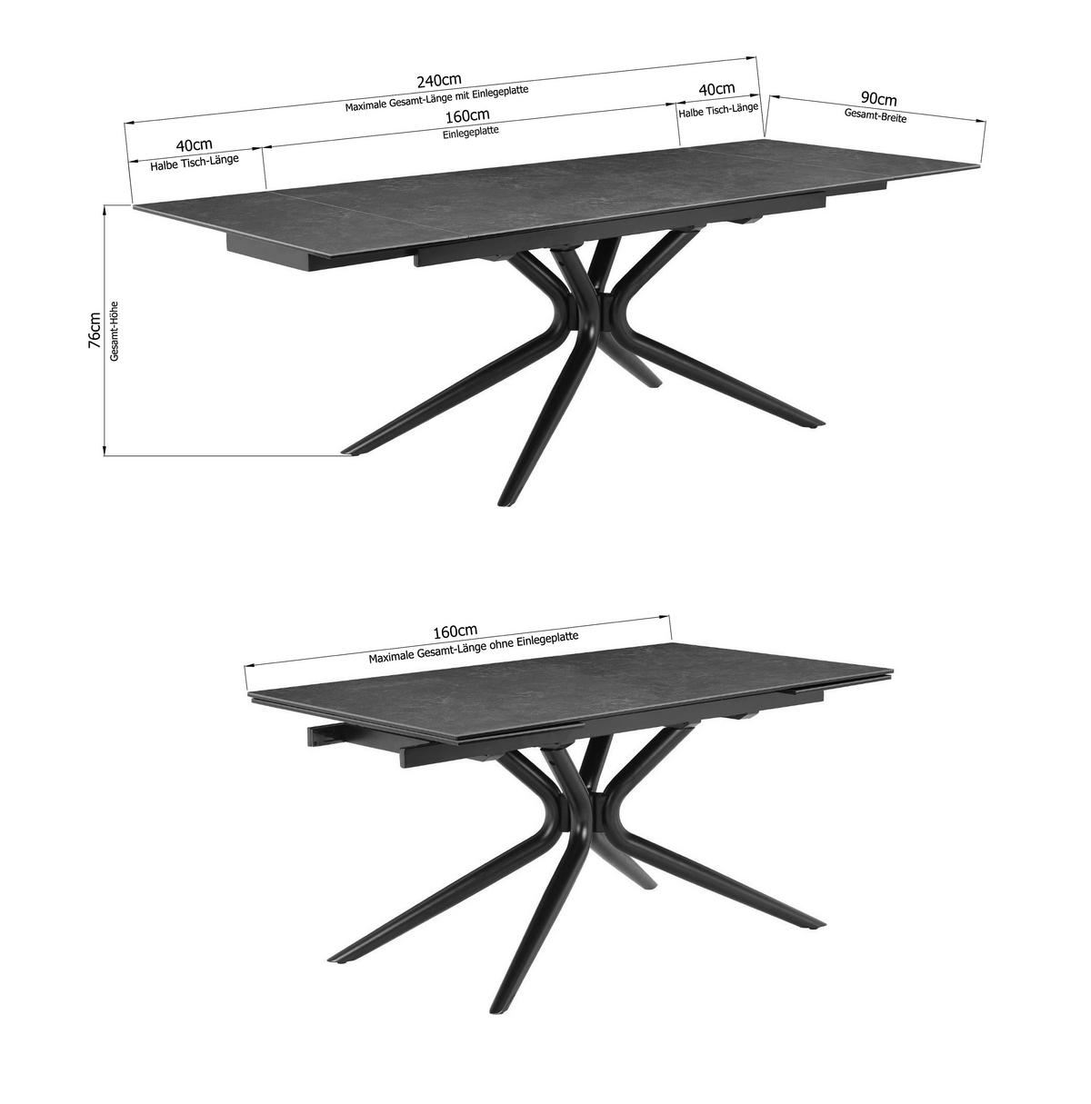 Esstisch Liana Grau/Schwarz L: 160-240 cm - Schwarz/Grau, MODERN, Glas/Keramik (160-240/90/76cm) - P & B