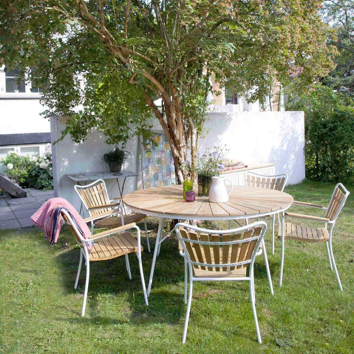 Gartentischgruppe Ellen 6-teilig Metall/Holz, natur/Weiß - Weiß Hochglanz/Teakfarben, Natur, Holz/Metall (180/180/78cm) - Gardenson