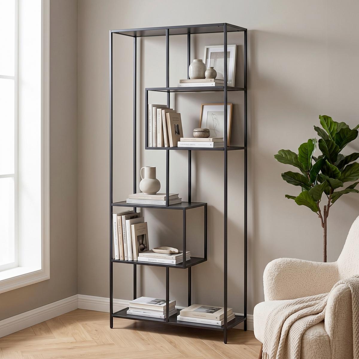 Regal Seaford B 77cm, Schwarz/Eschefarben - Schwarz, Trend, Holzwerkstoff/Metall (77,0/185,0/35,0cm) - MID.YOU