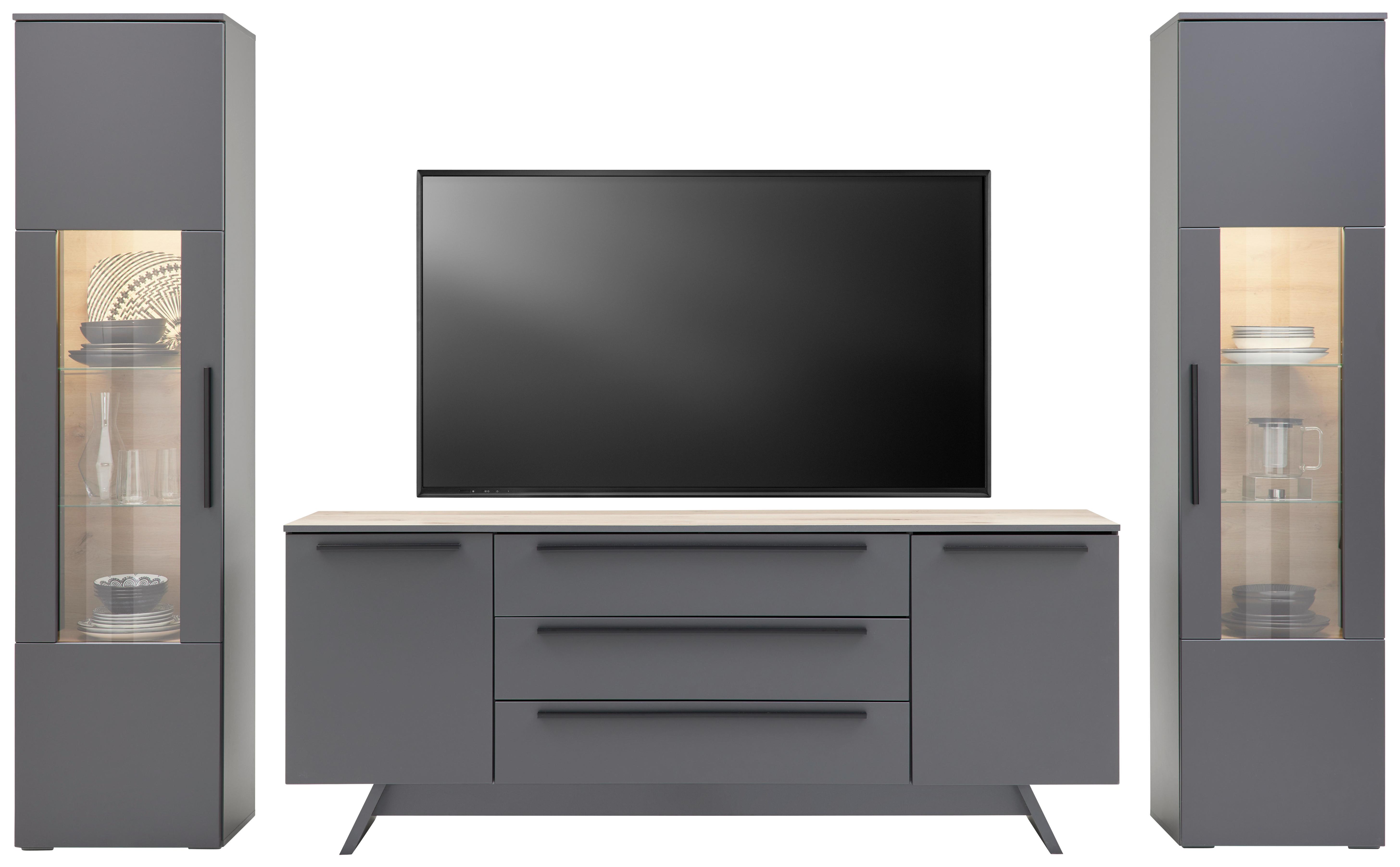 Wohnkombination Modern 3-Tlg. Atlanta Grau/Eiche Dekor - Eichefarben/Silberfarben, MODERN, Glas/Holzwerkstoff (300,3/203,2/46,2cm)