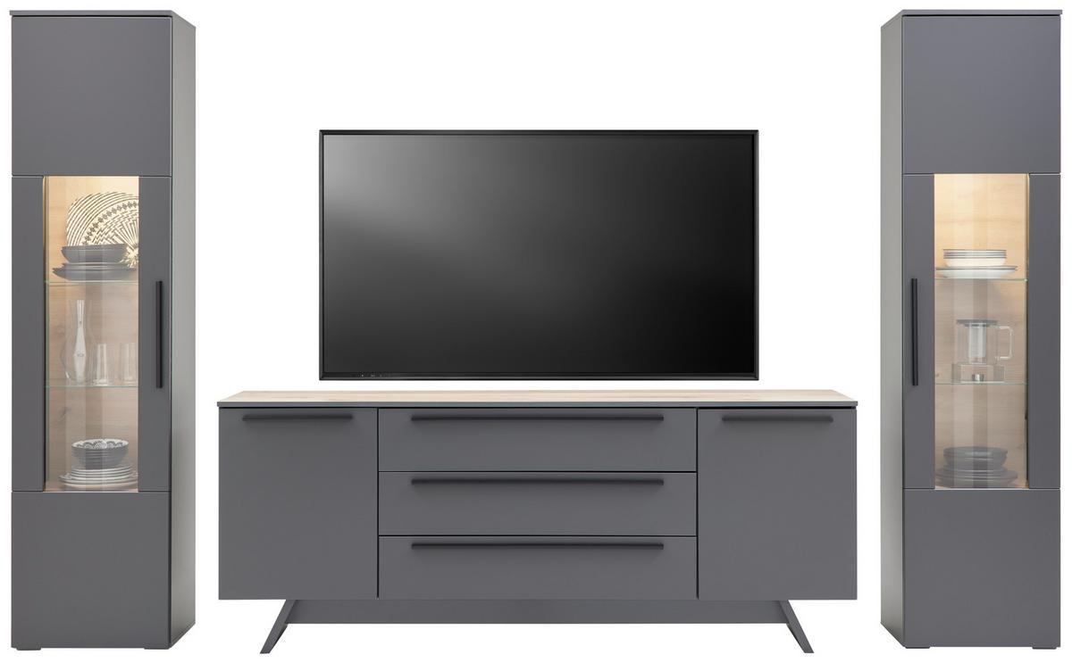 Wohnkombination Modern 3-Tlg. Atlanta Grau/Eiche Dekor - Eichefarben/Silberfarben, MODERN, Glas/Holzwerkstoff (300,3/203,2/46,2cm)