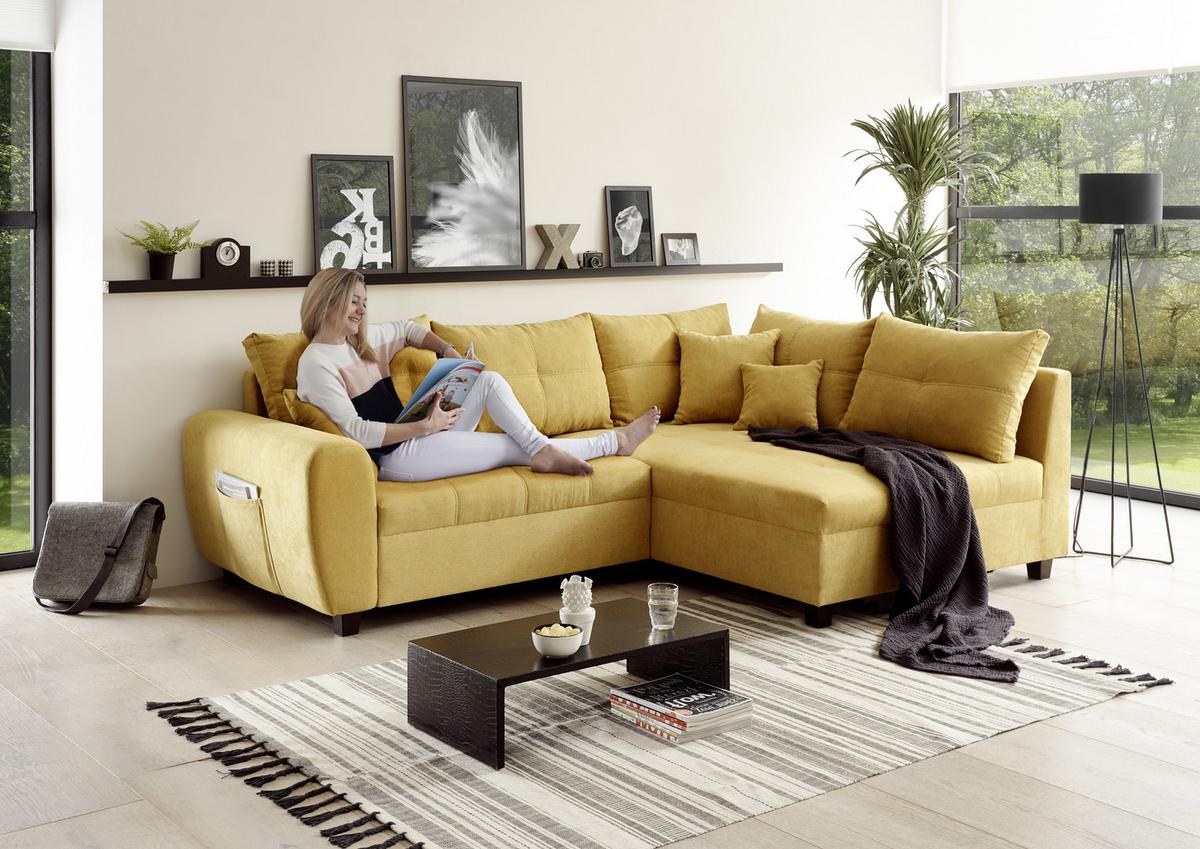 Ecksofa Mit Schlaffunktion + Kissen Lea, Polyester-Nylon - Gelb/Schwarz, Basics, Holzwerkstoff/Textil (248/176cm) - MID.YOU