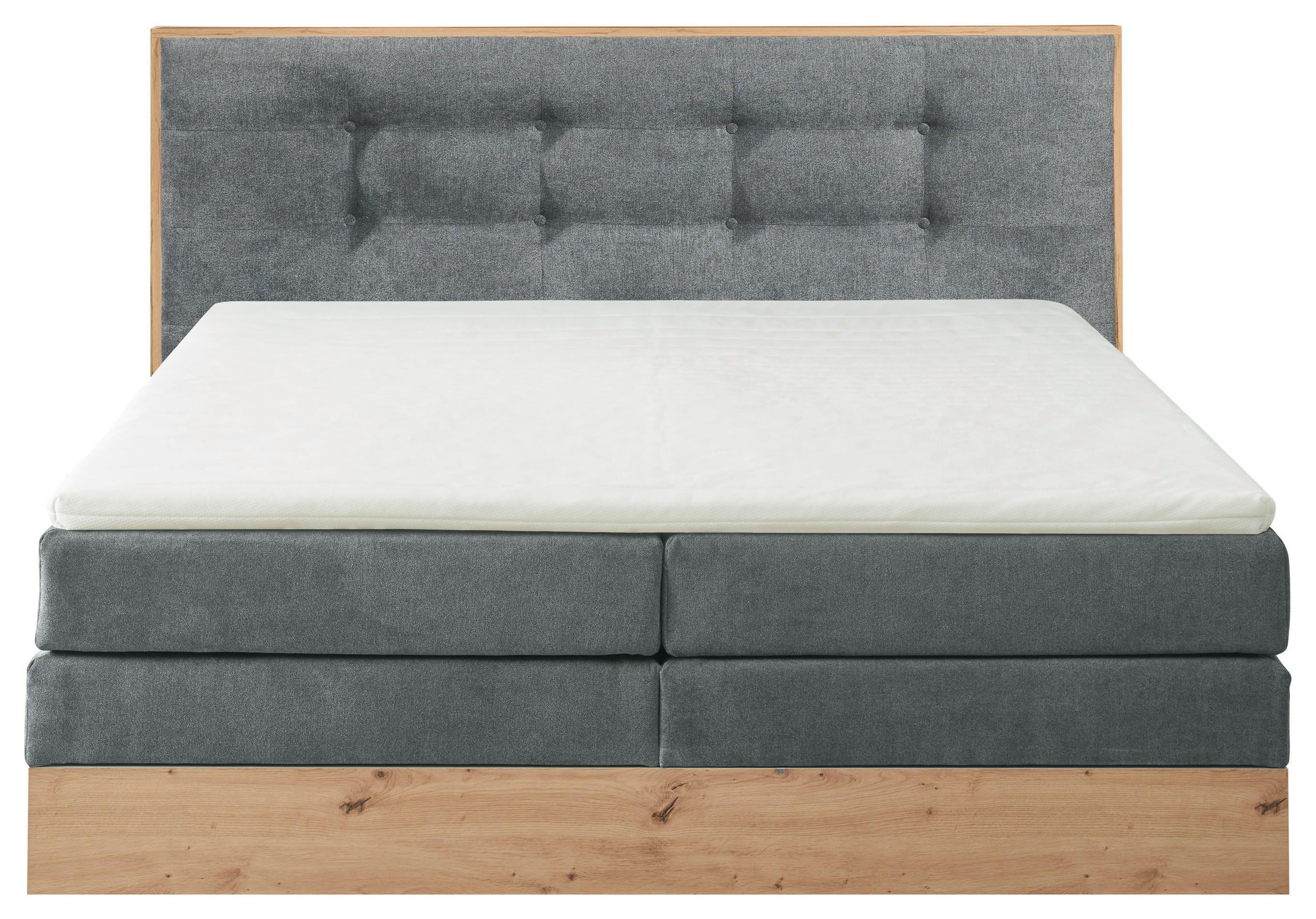 Boxspringbett in Hellgrau und Holzoptik