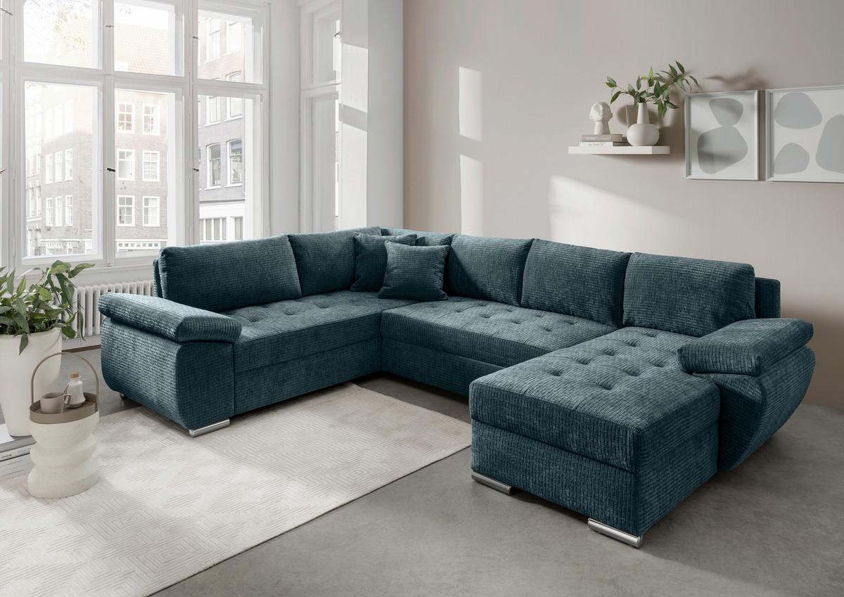 Wohnlandschaft Terana Blau mit Schlaffunktion, Mikrofaser - Chromfarben/Blau, KONVENTIONELL, Textil (219/305/157cm) - Livetastic