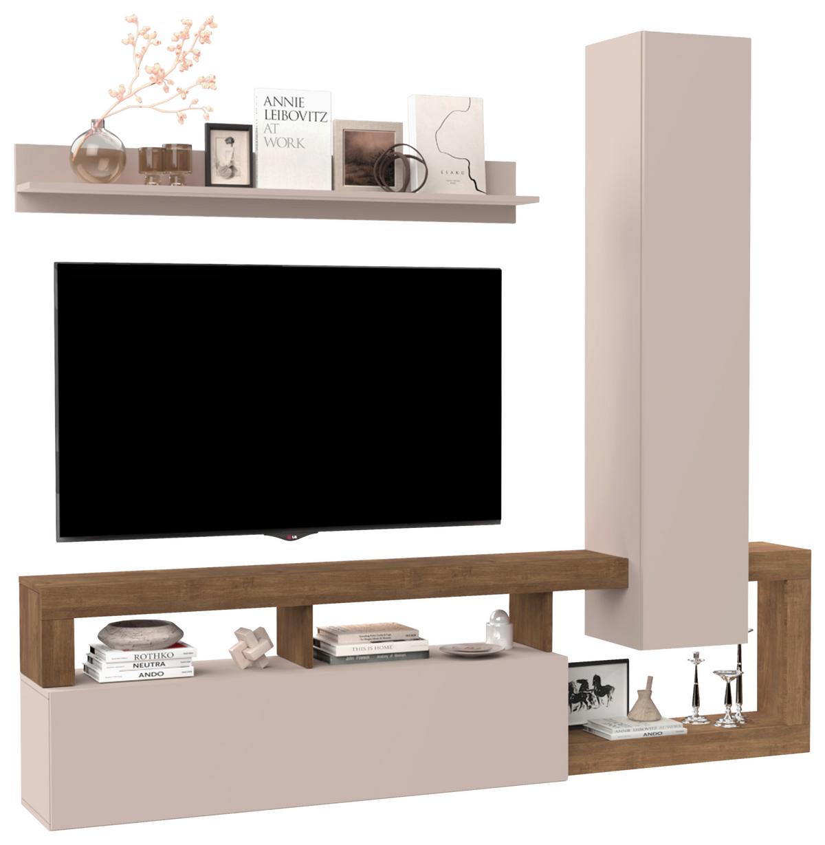 Wohnwand Hamburg Eiche Dekor/kaschmir B: 219cm - Kaschmir/Eichefarben, MODERN, Holzwerkstoff (219/200/35cm)