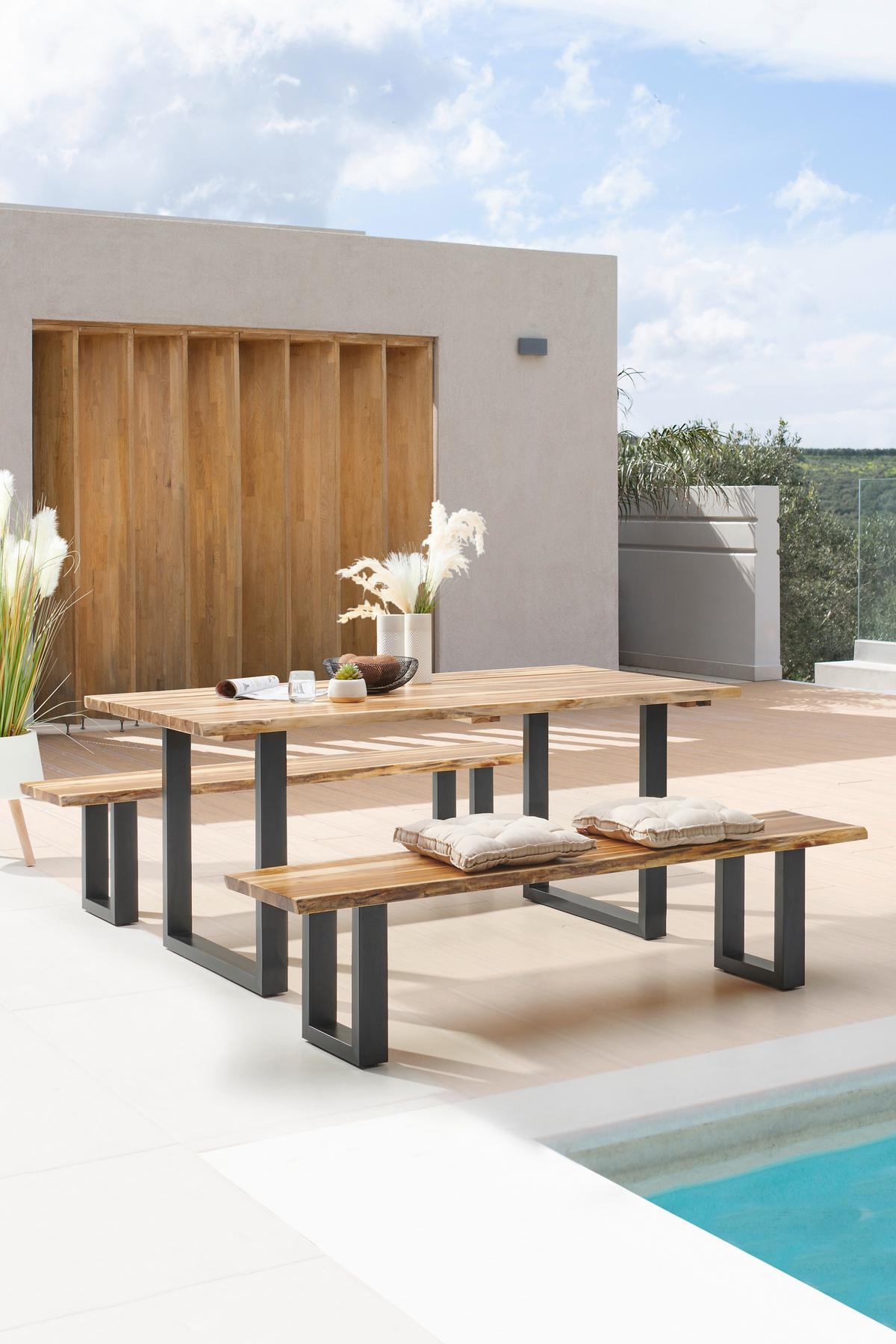 Gartenbank Aus Akazienholz Und Metall 3-Sitzer Bern, Echtholz - Schwarz/Akaziefarben, MODERN, Holz/Metall (180/43/40cm) - Beldano