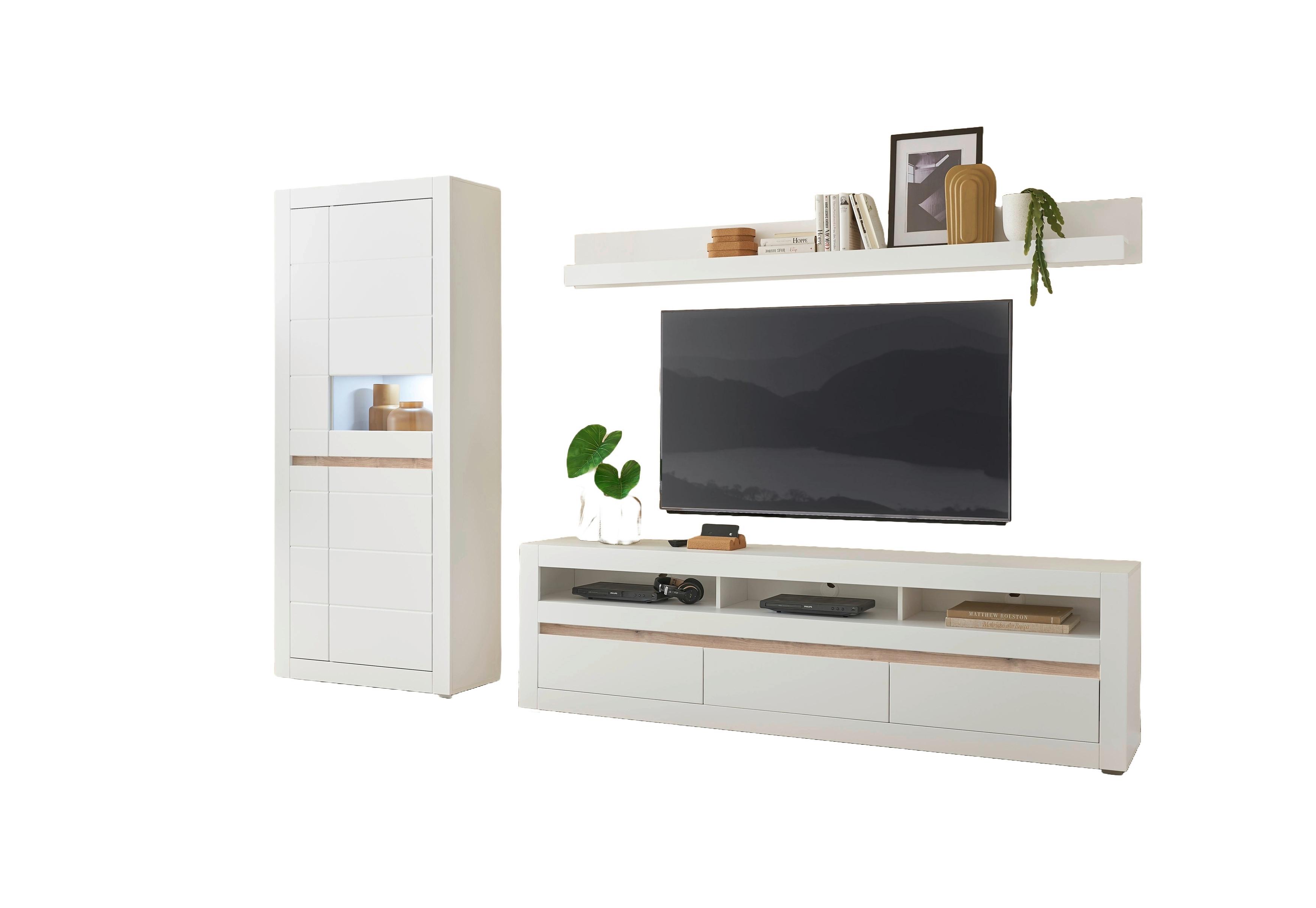Wohnwand Chester Weiß/Eichefarben B: 312cm - Eichefarben/Silberfarben, Design, Holzwerkstoff (312/198/42cm) - MID.YOU
