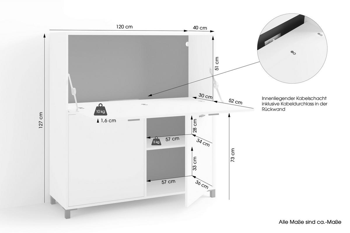 Sekretär Montana B: 120 cm inkl. Stauraum, Weiß, Schwarz - Schwarz/Weiß, Design, Holzwerkstoff (120/127/40cm) - MID.YOU