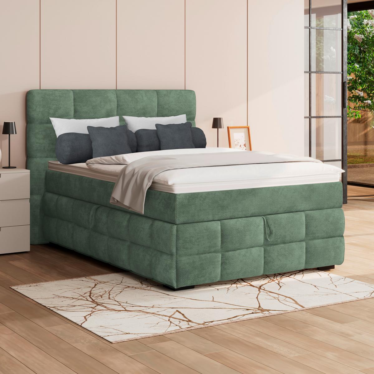 Čalúnená posteľ VEGA 140x200 cm, mätovozelená - čierna/zelená, Trend, drevo/textil (140/200cm)