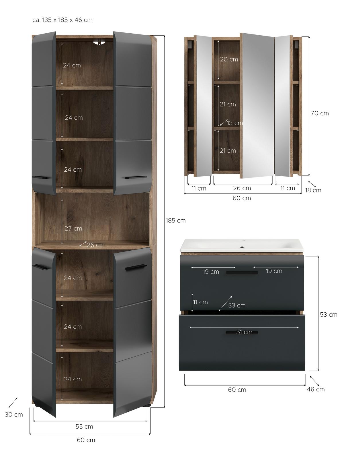 Kúpeľňa Ice 3-dielna, čierna/dub tmavy - čierna/biela, Basics, kompozitné drevo/plast (120cm) - MID.YOU