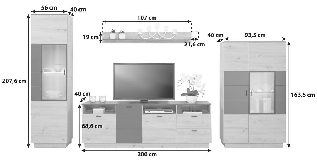 Wohnkombination Modern 4 -teilig. Tonale 7, Eiche Dekor/grau - MODERN (349,5/207,6/40cm)