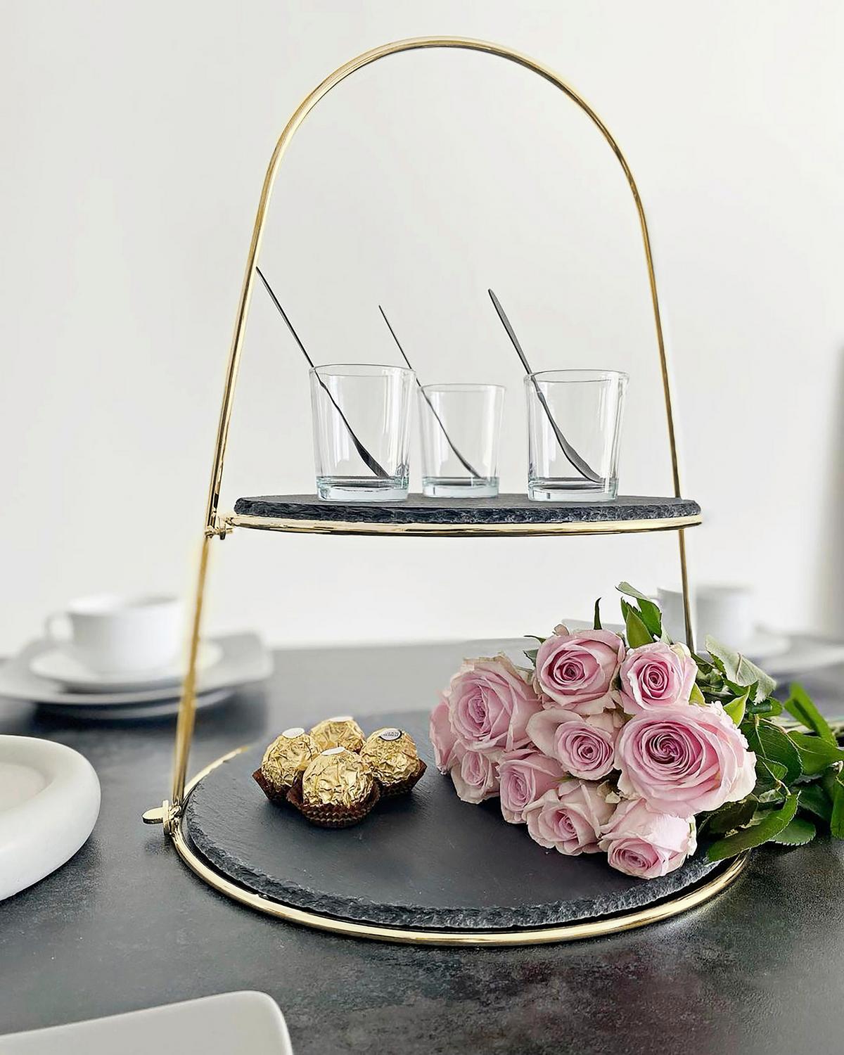 Etagere Rund Metall/stein H: 40 Cm 2-Stöckig - Goldfarben, Basics, Stein/Metall (24/29/40cm) - Echtwerk