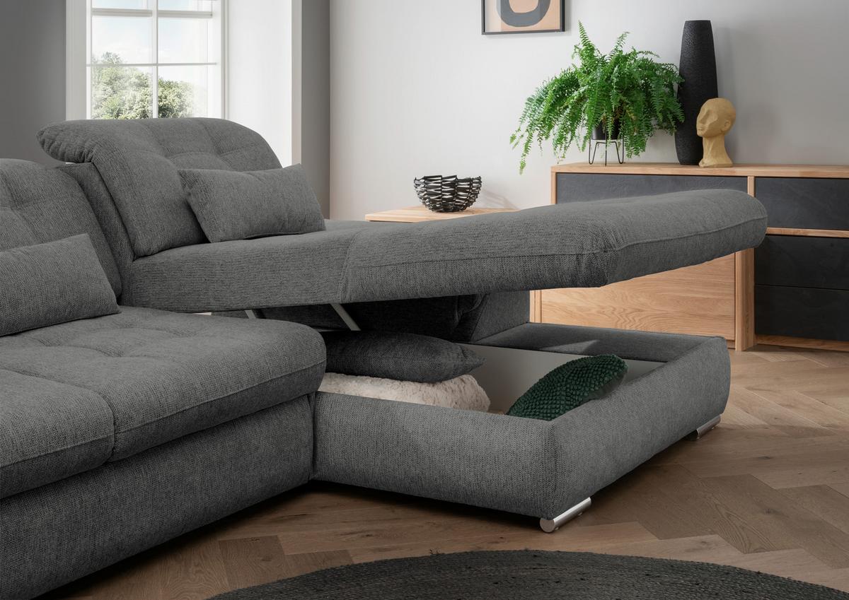 Ecksofa mit Bettkasten Rigatti Graubrau 314x184 cm - Chromfarben/Graubraun, MODERN, Textil (314/184cm) - Livetastic