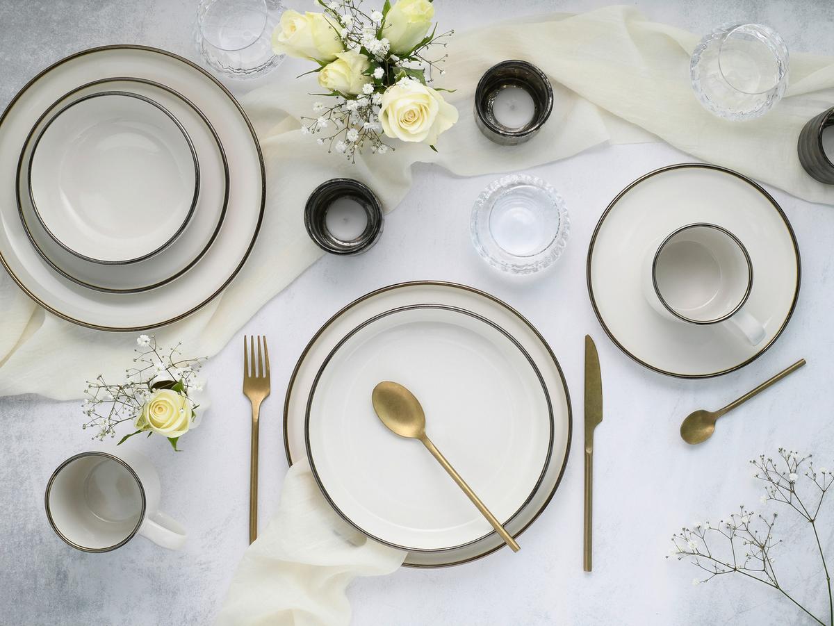Kombiservice, 30-Teilig für 6 Personen, Steinzeug - Goldfarben/Creme, Basics, Keramik - Creatable