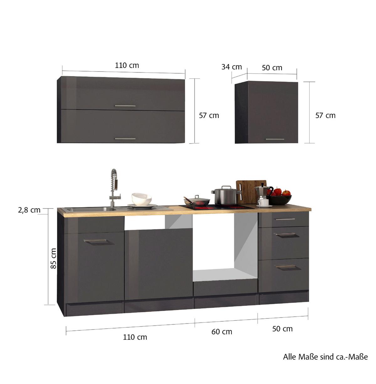 Küchenleerblock Mailand Graphitfarben B: 220cm - Graphitfarben/Sonoma Eiche, MODERN, Glas/Holzwerkstoff (220cm) - Held