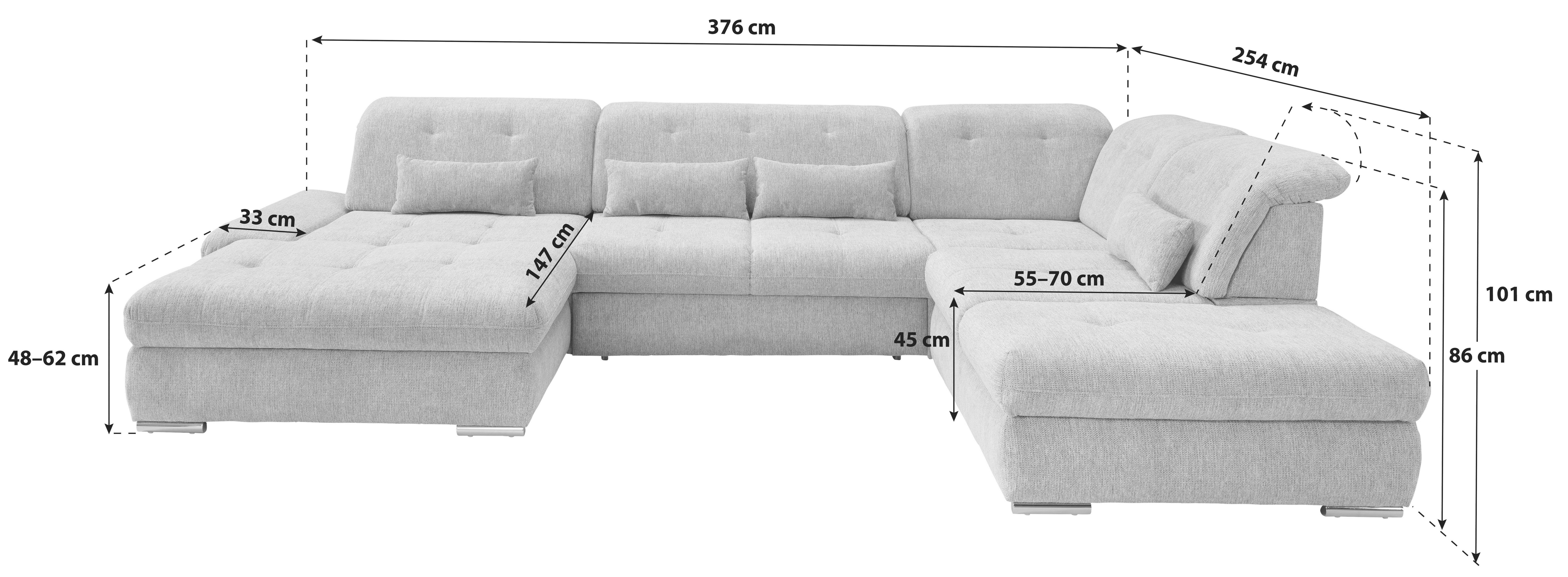 Wohnlandschaft Dalida Mit Schlaffunktion Braun/Grau - Chromfarben/Braun, Design, Textil (195/376/254cm) - Livetastic