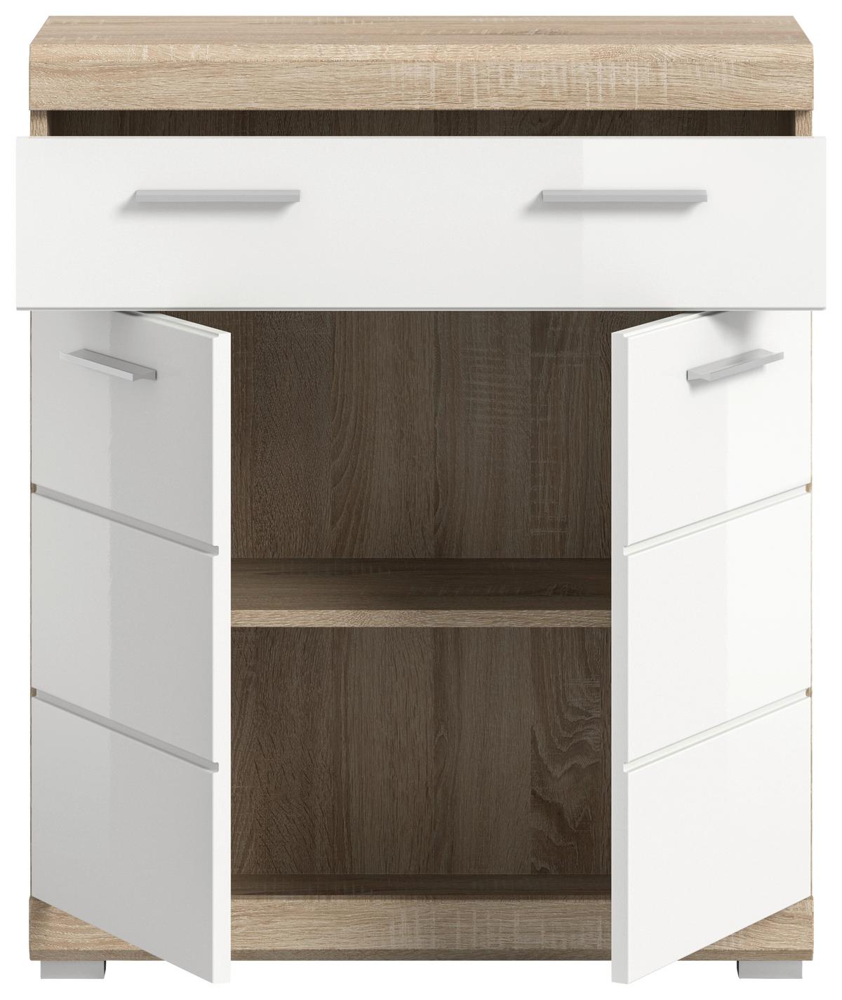 Midischrank Lambada Eiche Dekor/Weiß B: 74 cm - Weiß Hochglanz/Eichefarben, MODERN, Holzwerkstoff (74/88/31cm) - MID.YOU
