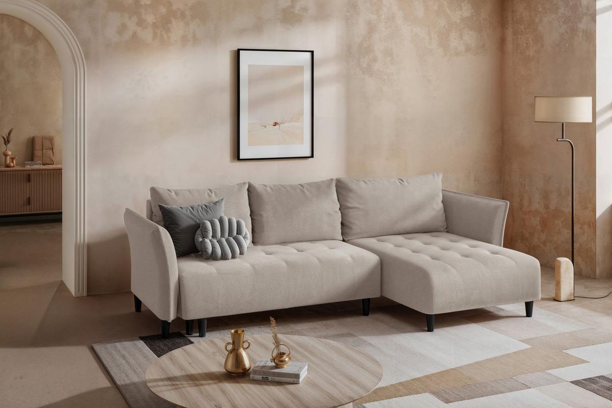 Ecksofa mit Schlaffunktion & Bettkasten Monte Carlo Creme - Creme/Schwarz, Trend, Textil (290/160cm)