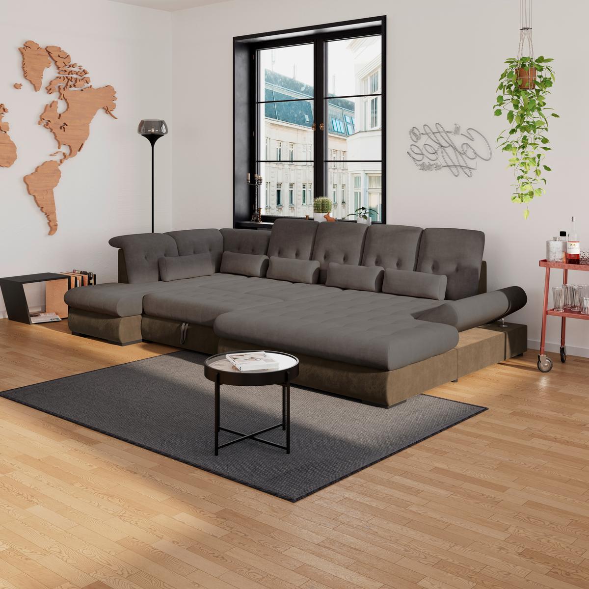 Wohnlandschaft Madera Mit Schlaffunktion Anthrazit - Hellbraun/Anthrazit, KONVENTIONELL, Kunststoff/Textil (212/358/190cm)