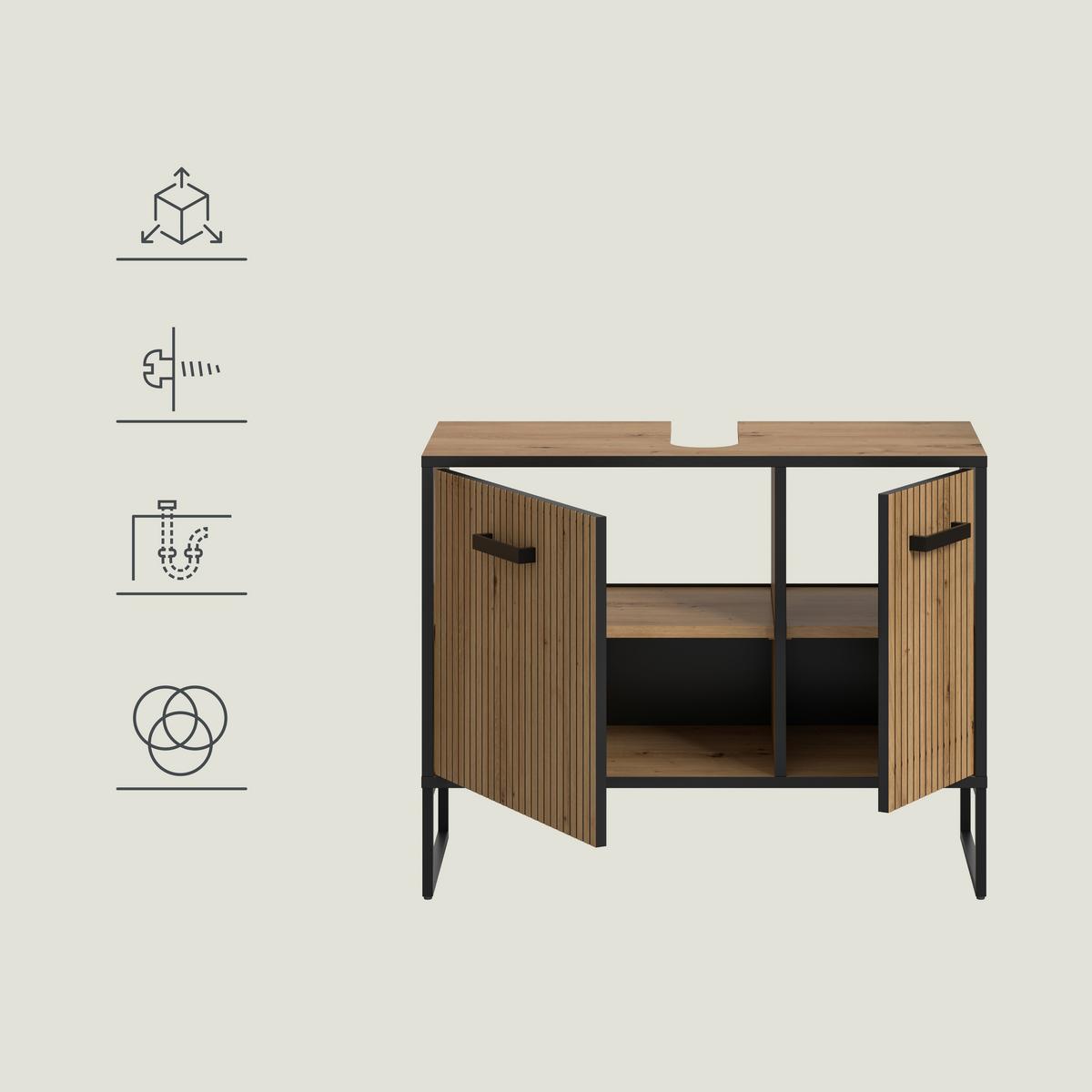 Waschbeckenunterschrank Bagno Schwarz/Eiche Dekor B: 80cm - Schwarz/Eiche Artisan, Trend, Holzwerkstoff (80/63/36cm) - MID.YOU