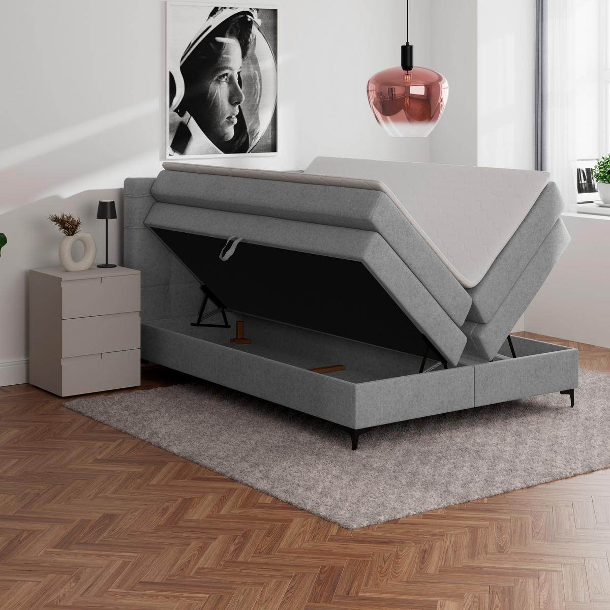 Boxspringbett MITTO Hellgrau 140x200 cm - Hellgrau/Schwarz, KONVENTIONELL, Textil/Metall (140/200cm)