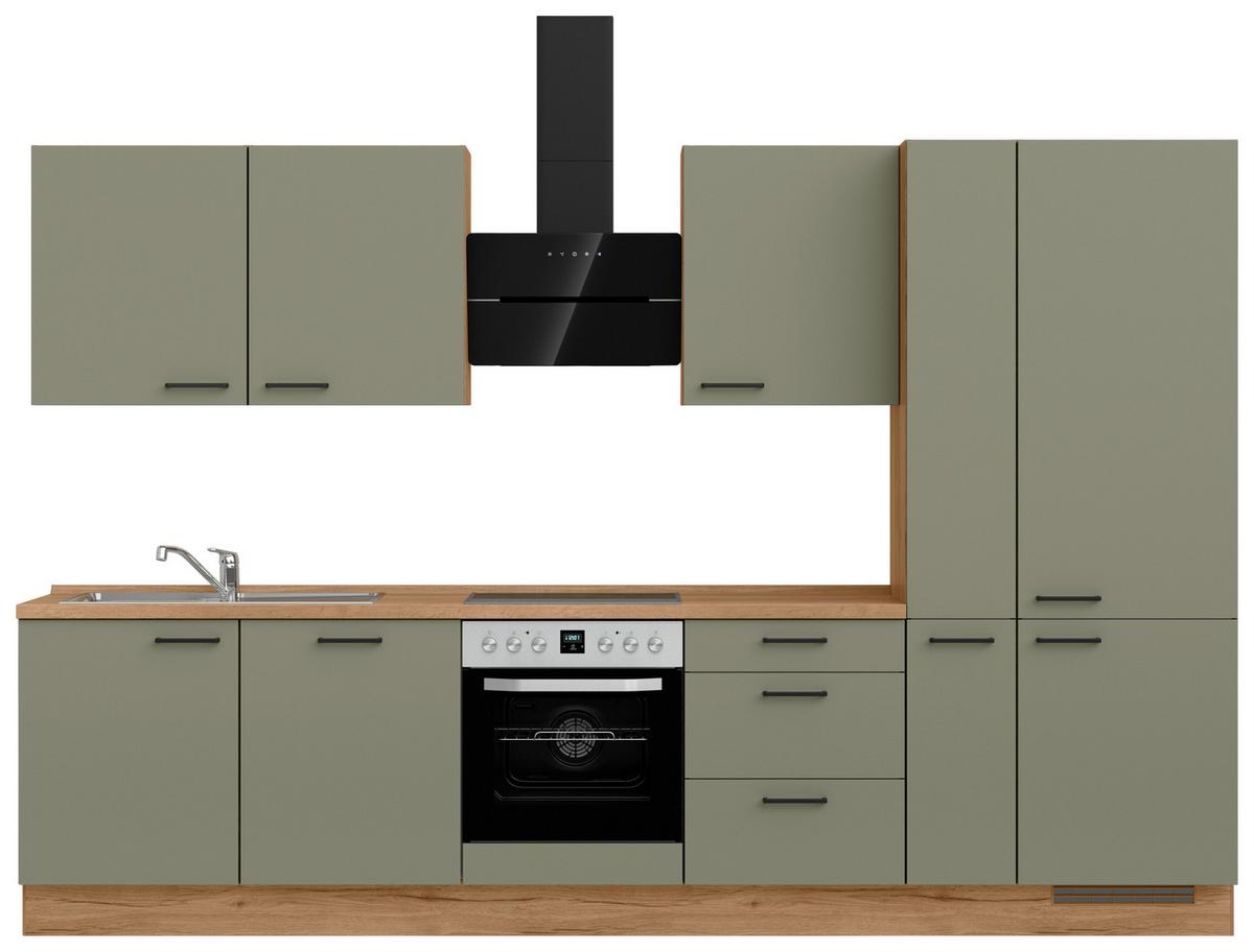 Kuchyňská linka 330 cm, olivově zelená - barvy dubu/černá, Romantický / Rustikální, kov/kompozitní dřevo (330cm) - Nobilia