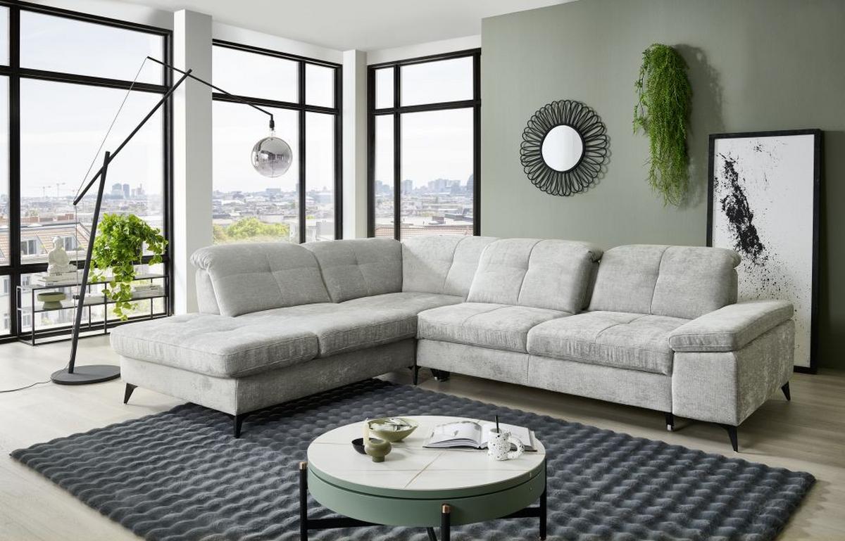 Sedačka SORENA L, ľavá, sv.sivá ženilka, bez funkcií - čierna/svetlosivá, Modern, kov/textil (255/311cm) - Premium Living