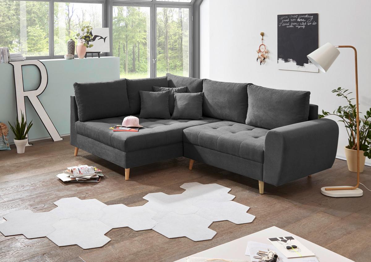 Ecksofa Mit Holzfüßen + Kissen Alice, Webstoff - Anthrazit/Kieferfarben, KONVENTIONELL, Holzwerkstoff/Textil (175/249cm) - MID.YOU