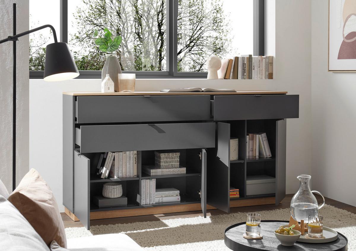 Sideboard Vince II B: 191 cm Anthrazit/Evoke Oak Dekor - Eichefarben/Anthrazit, Trend, Holzwerkstoff (191/100/38cm) - Livetastic