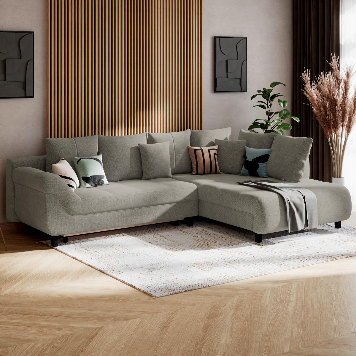 Ecksofa mit Schlaffunktion Mendoza New Chenille 309x197cm - Sandfarben/Schwarz, KONVENTIONELL, Textil (309/197cm) - Ondega