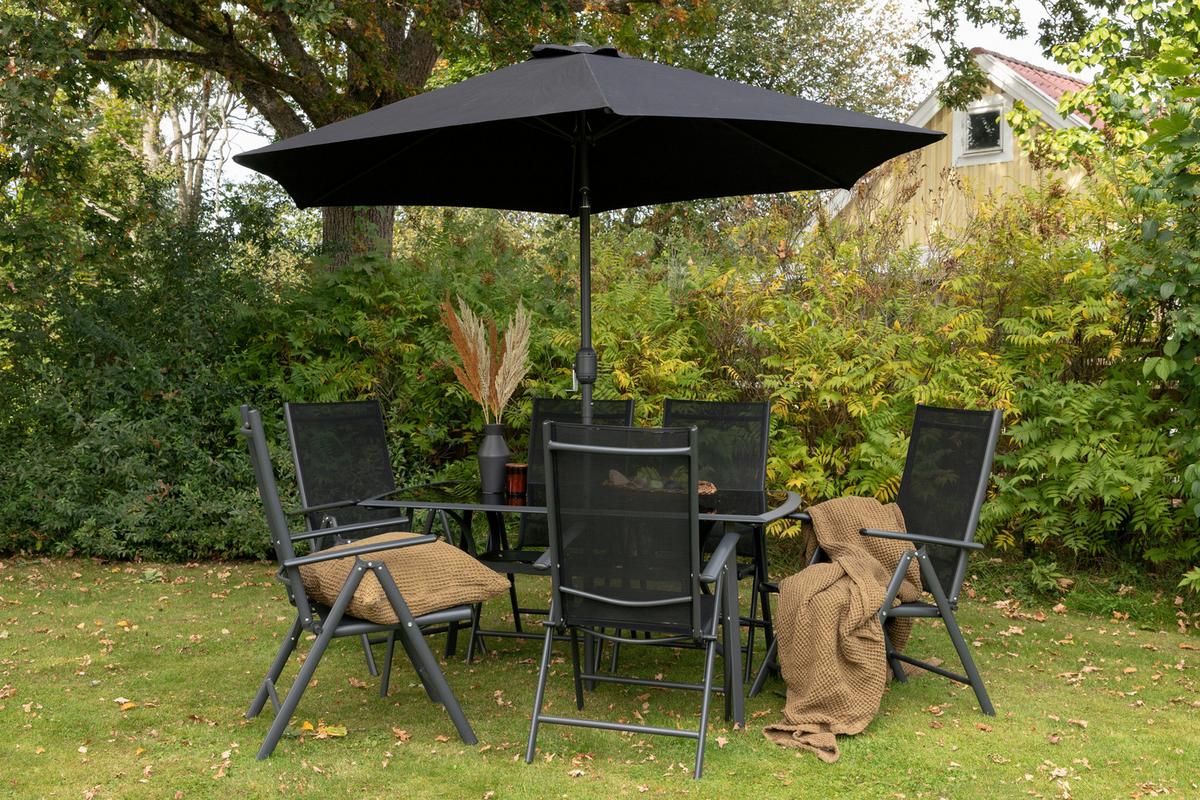 Gartentischgruppe 8-Tlg Brekki aus Aluminium mit Schirm - Schwarz, KONVENTIONELL, Glas/Metall - Gardenson