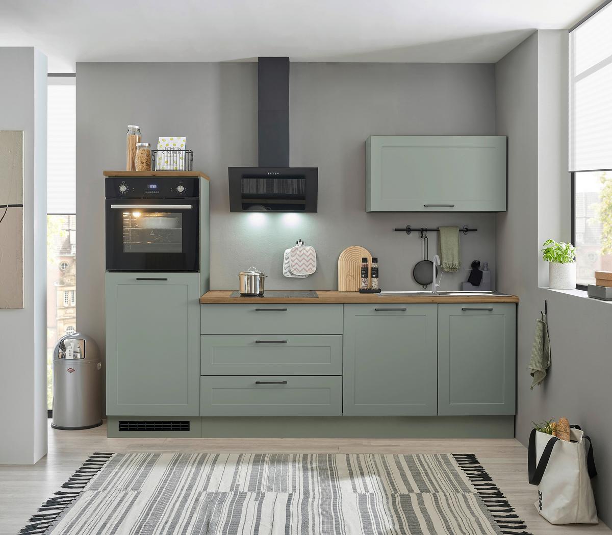Kuchynský blok bez spotrebičov MARSEILLE, šírka 260 cm - čierna/zelená, Design, kov/kompozitné drevo (260cm) - MID.YOU