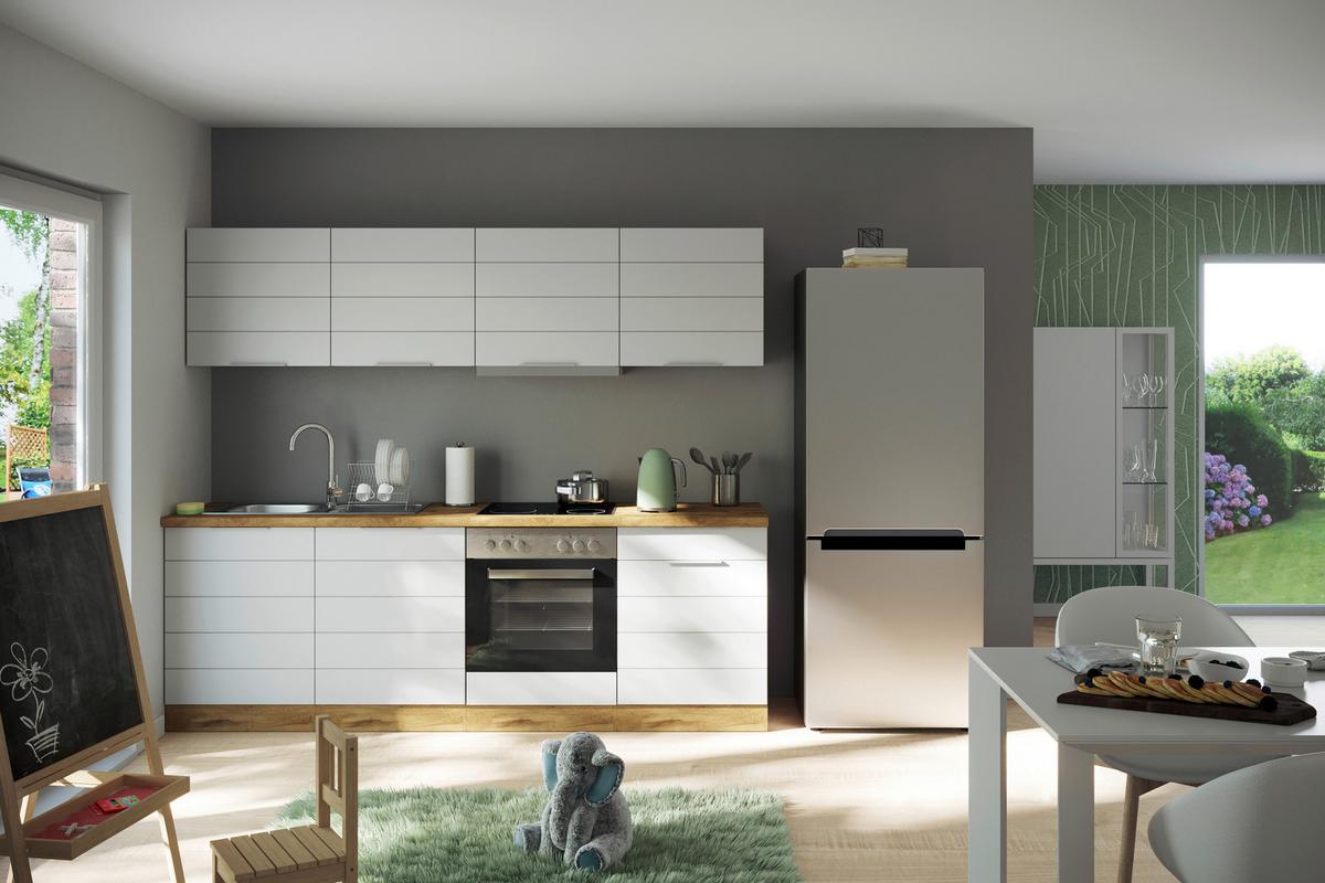 Küchenzeile Florenz Mit Geräten 240 Cm Weiß/eichefarben - Eiche Wotan/Weiß, Design, Holzwerkstoff (240cm) - Held