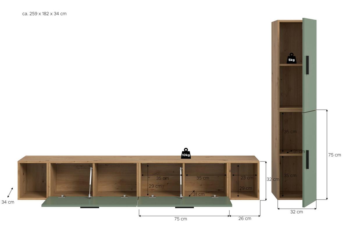 Wohnwand, The ONE 1, B: 259 cm Olivgrün/Artisan Eiche Dekor - Schwarz/Weiß, Trend, Holzwerkstoff (259/182/34cm)